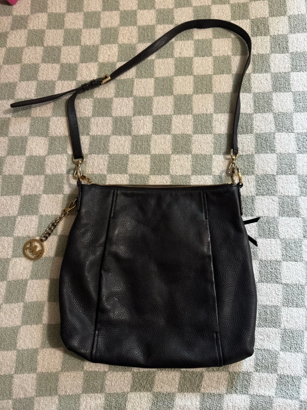 Michael Kors Black Pebbled Leather Shoulder Bag with Gold-Tone MK Charm